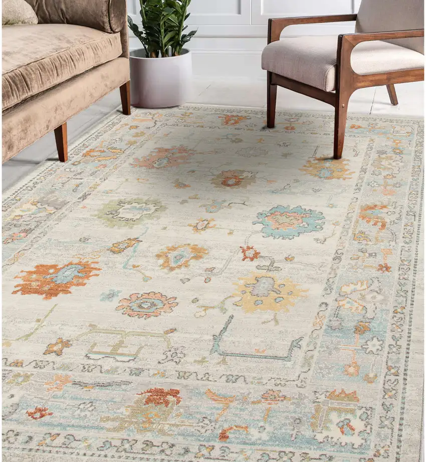 Blue and Orange Floral Stain Resistant Indoor Outdoor Area Rug Photo 7
