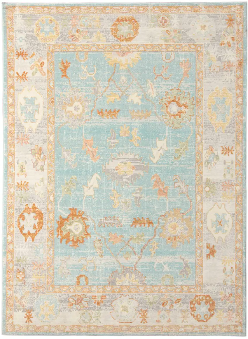 Blue and Orange Floral Stain Resistant Indoor Outdoor Area Rug Photo 2