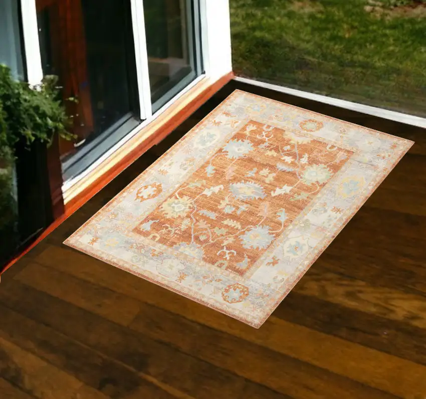 Blue and Orange Floral Stain Resistant Indoor Outdoor Area Rug Photo 1
