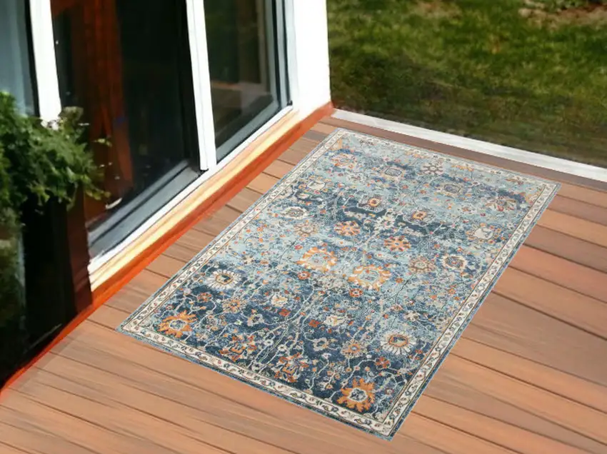 Blue and Orange Floral Stain Resistant Indoor Outdoor Area Rug Photo 1