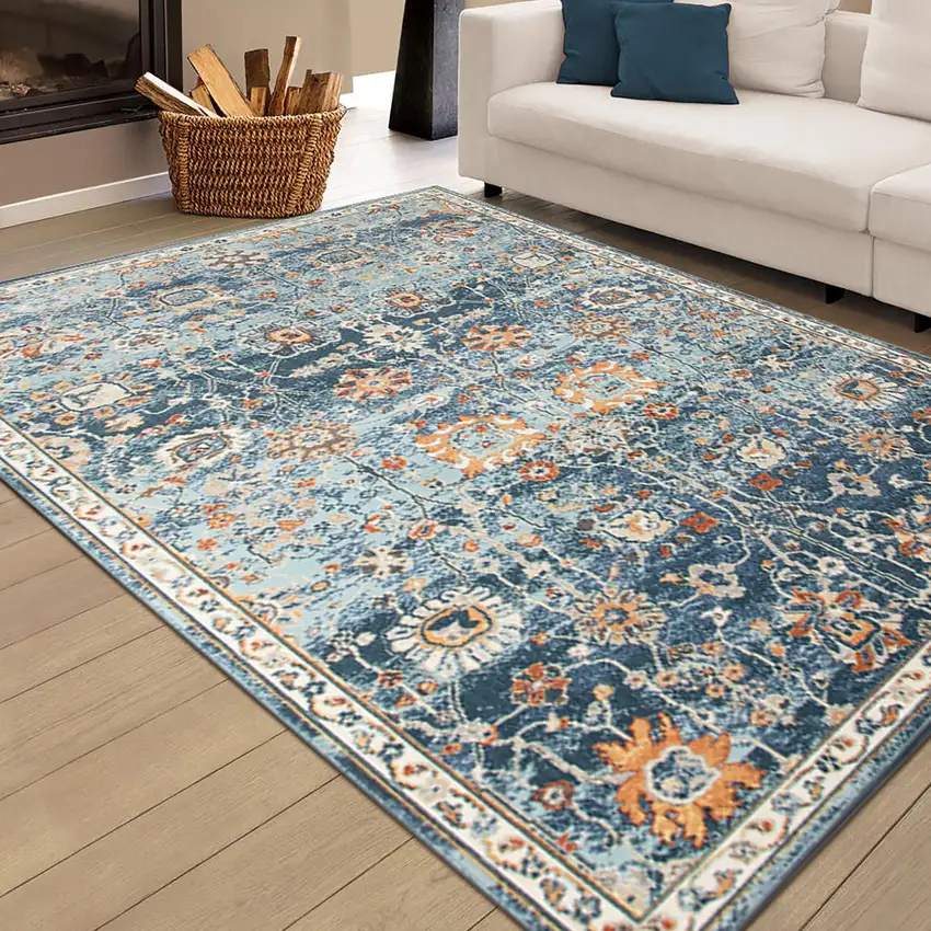 Blue and Orange Floral Stain Resistant Indoor Outdoor Area Rug Photo 6
