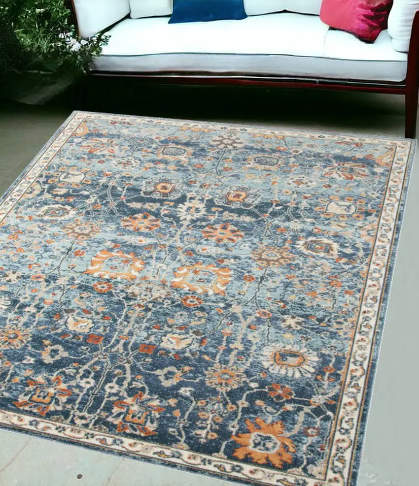 Blue and Orange Floral Stain Resistant Indoor Outdoor Area Rug Photo 1