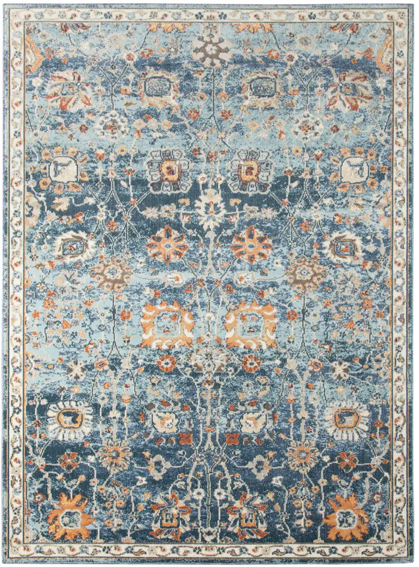 Blue and Orange Floral Stain Resistant Indoor Outdoor Area Rug Photo 2