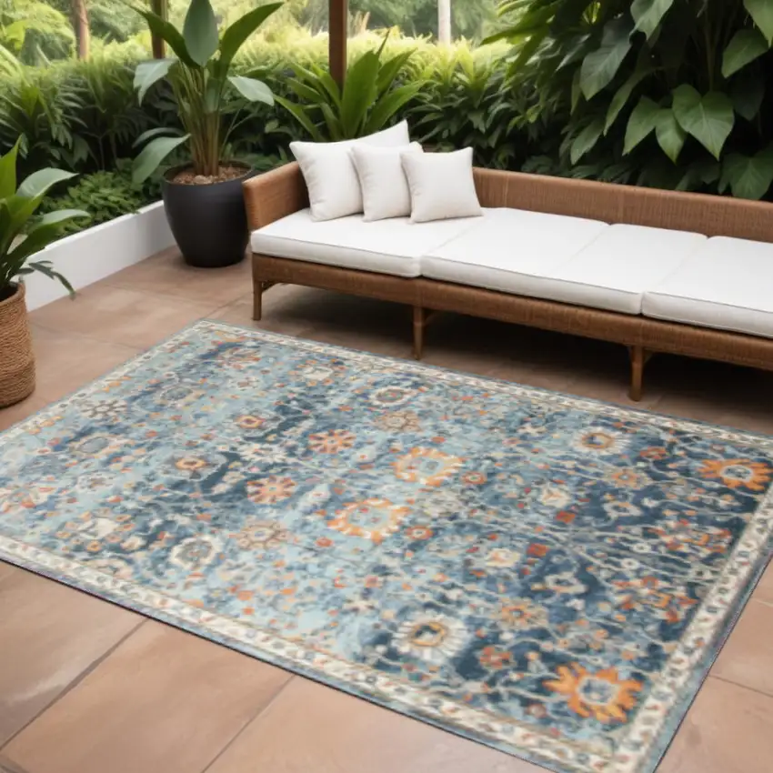 Blue and Orange Floral Stain Resistant Indoor Outdoor Area Rug Photo 1