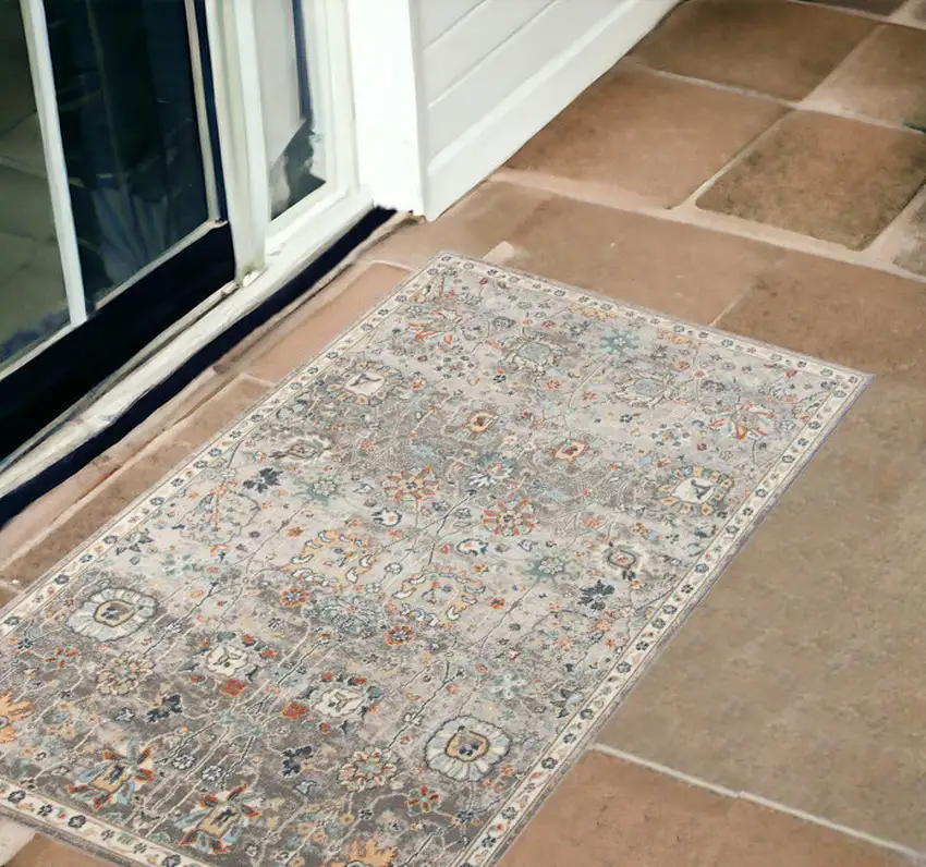 Blue and Orange Floral Stain Resistant Indoor Outdoor Area Rug Photo 1