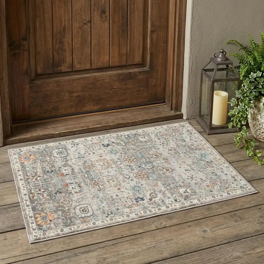 Blue and Orange Floral Stain Resistant Indoor Outdoor Area Rug Photo 1