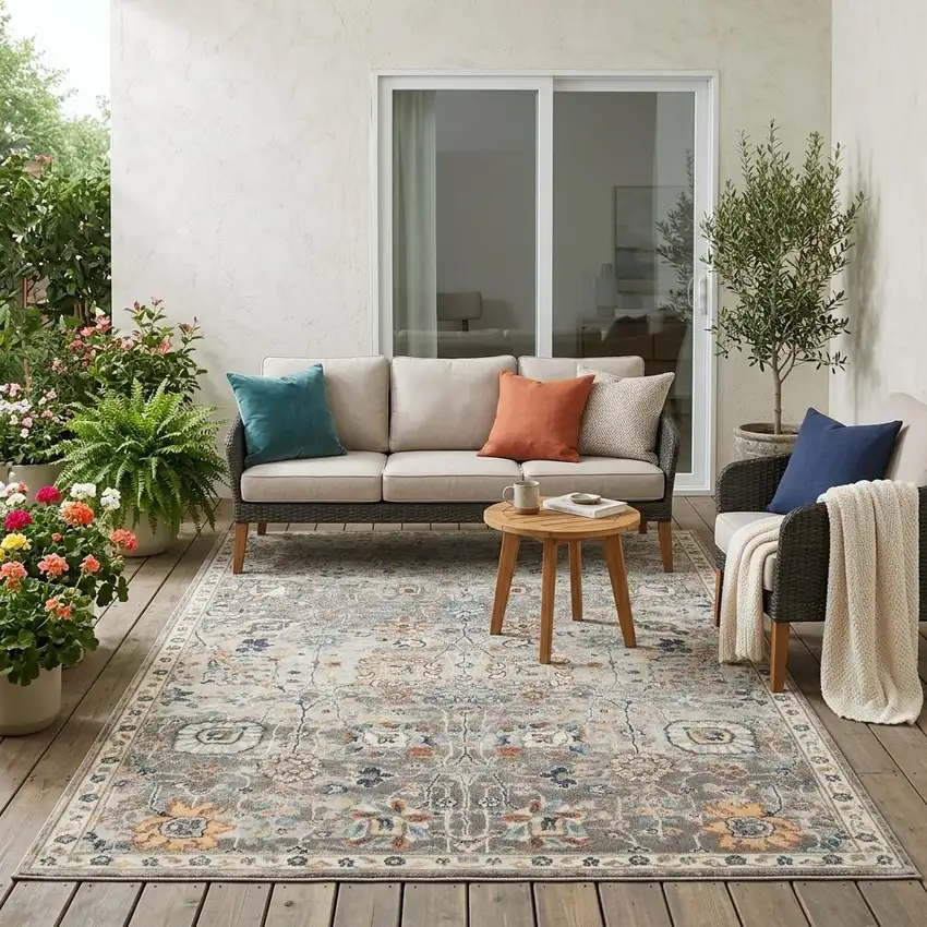Blue and Orange Floral Stain Resistant Indoor Outdoor Area Rug Photo 1