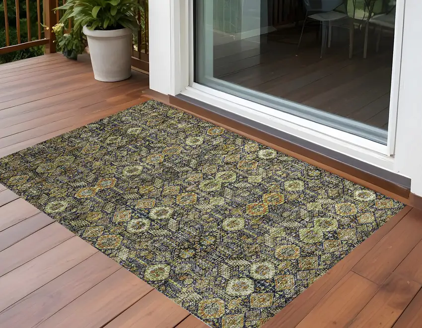 Blue and Orange Floral Washable Non Skid Indoor Outdoor Area Rug Photo 1