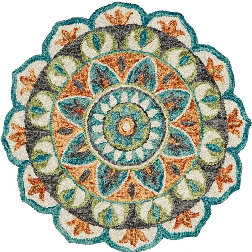 6' Blue And Green Round Wool Geometric Hand Tufted Area Rug Photo 8