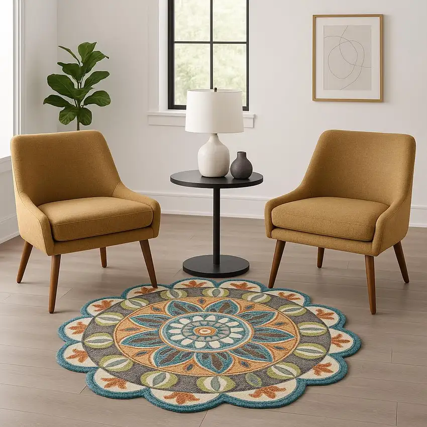 6' Blue And Green Wool Geometric Hand Tufted Round Rug Photo 1