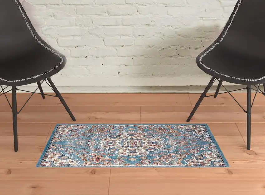 Blue and Orange Medallion Power Loom Area Rug Photo 3