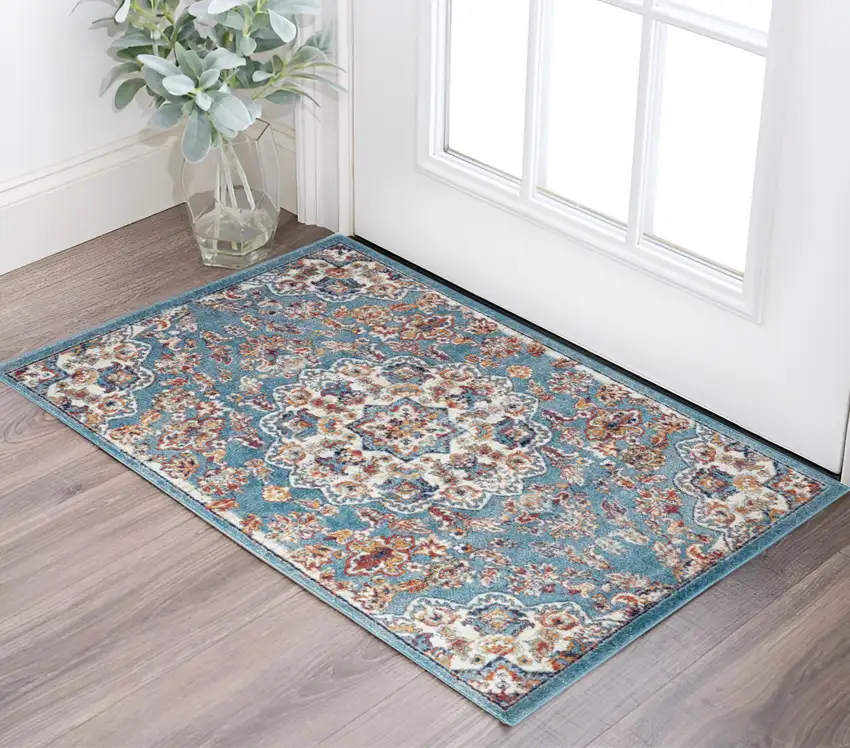 Ivory Gray and Orange Medallion Power Loom Area Rug Photo 1
