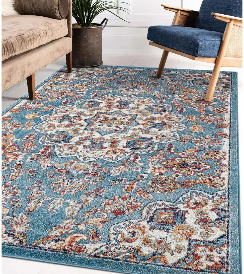 Blue and Orange Medallion Power Loom Area Rug Photo 6