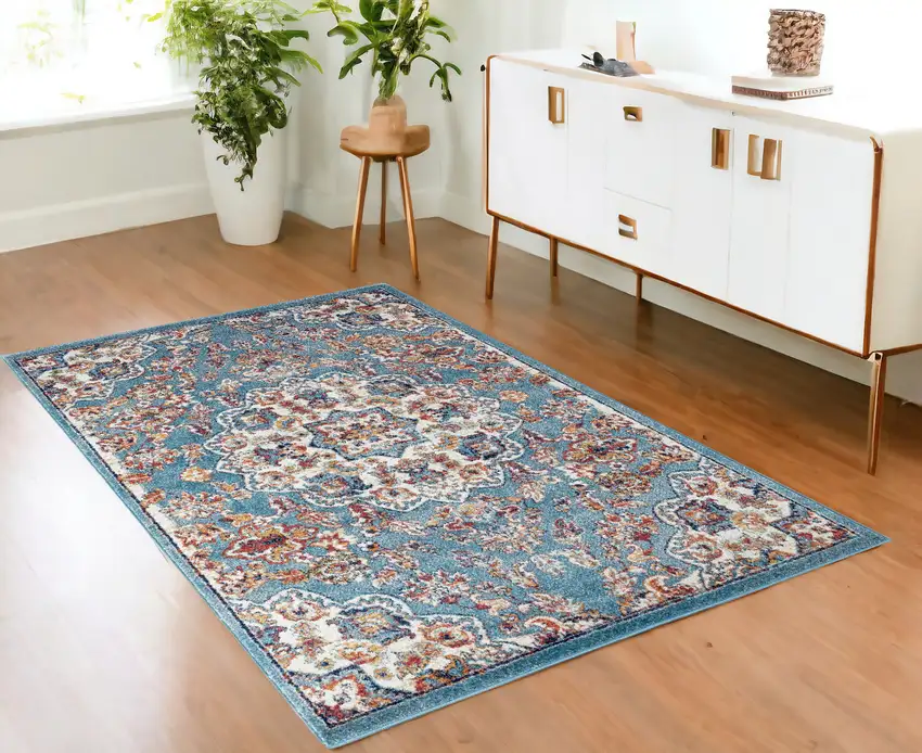 Blue and Orange Medallion Power Loom Area Rug Photo 1