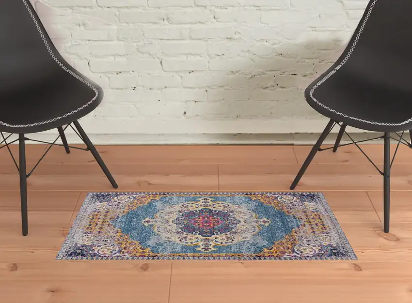 Blue and Orange Medallion Power Loom Area Rug Photo 3