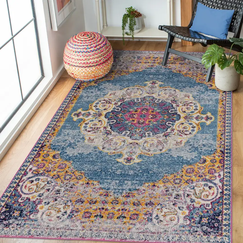 Blue and Orange Medallion Power Loom Area Rug Photo 6
