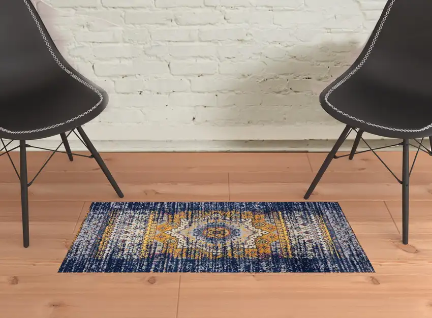 Blue and Orange Medallion Power Loom Area Rug Photo 3