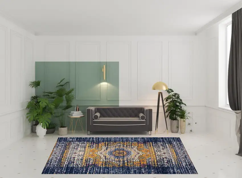 Blue and Orange Medallion Power Loom Area Rug Photo 3