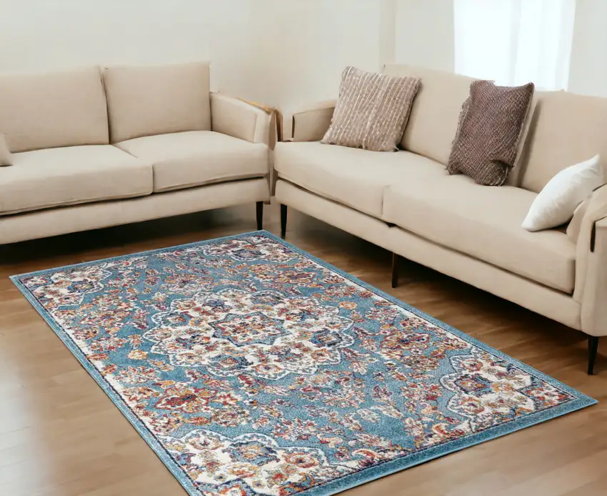 Blue and Orange Medallion Power Loom Area Rug Photo 1