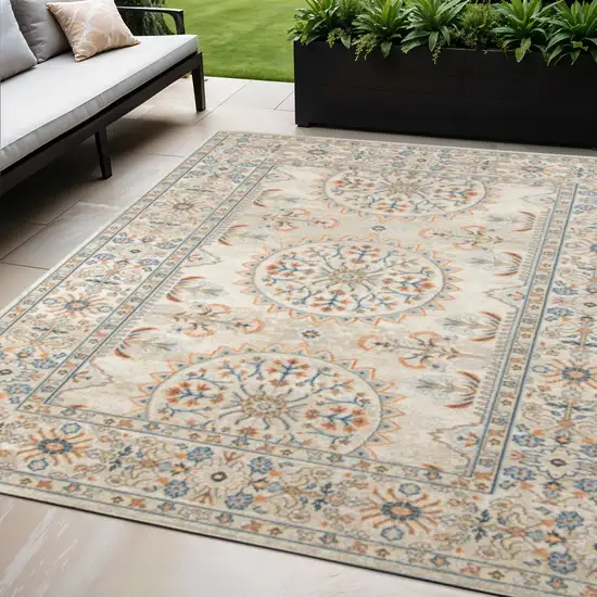 Blue and Orange Medallion Stain Resistant Indoor Outdoor Area Rug Photo 1