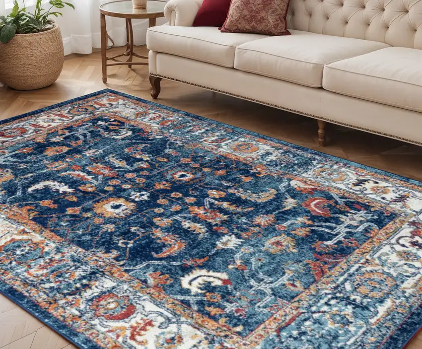 Blue Rust and Orange Oriental Power Loom Area Rug Photo 1