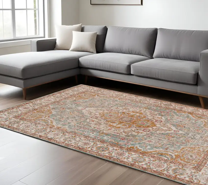 Sea Blue and Orange Oriental Power Loom Worn Faded Area Rug Photo 1