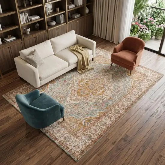Orange Light Blue And Beige Oriental Distressed Area Rug Photo 1