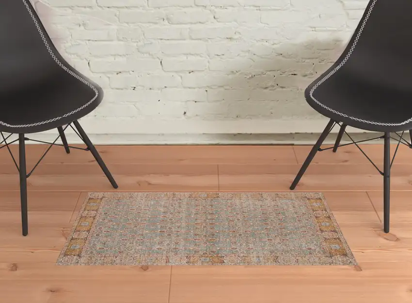 Blue and Orange Oriental Power Loom Distressed Area Rug Photo 2