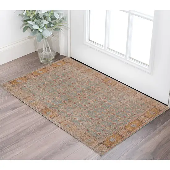 Teal Red and Orange Oriental Power Loom Worn Faded Area Rug Photo 1