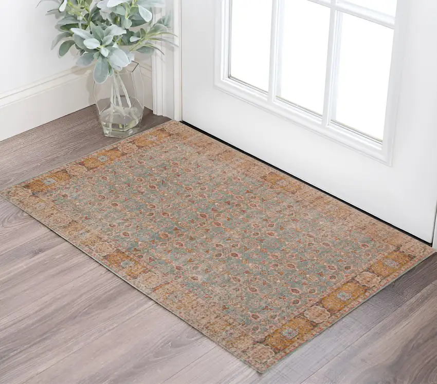 Teal Red and Orange Oriental Power Loom Worn Faded Area Rug Photo 1