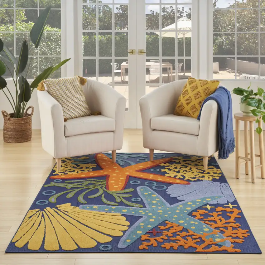 Blue and Orange Starfish Power Loom Area Rug Photo 5