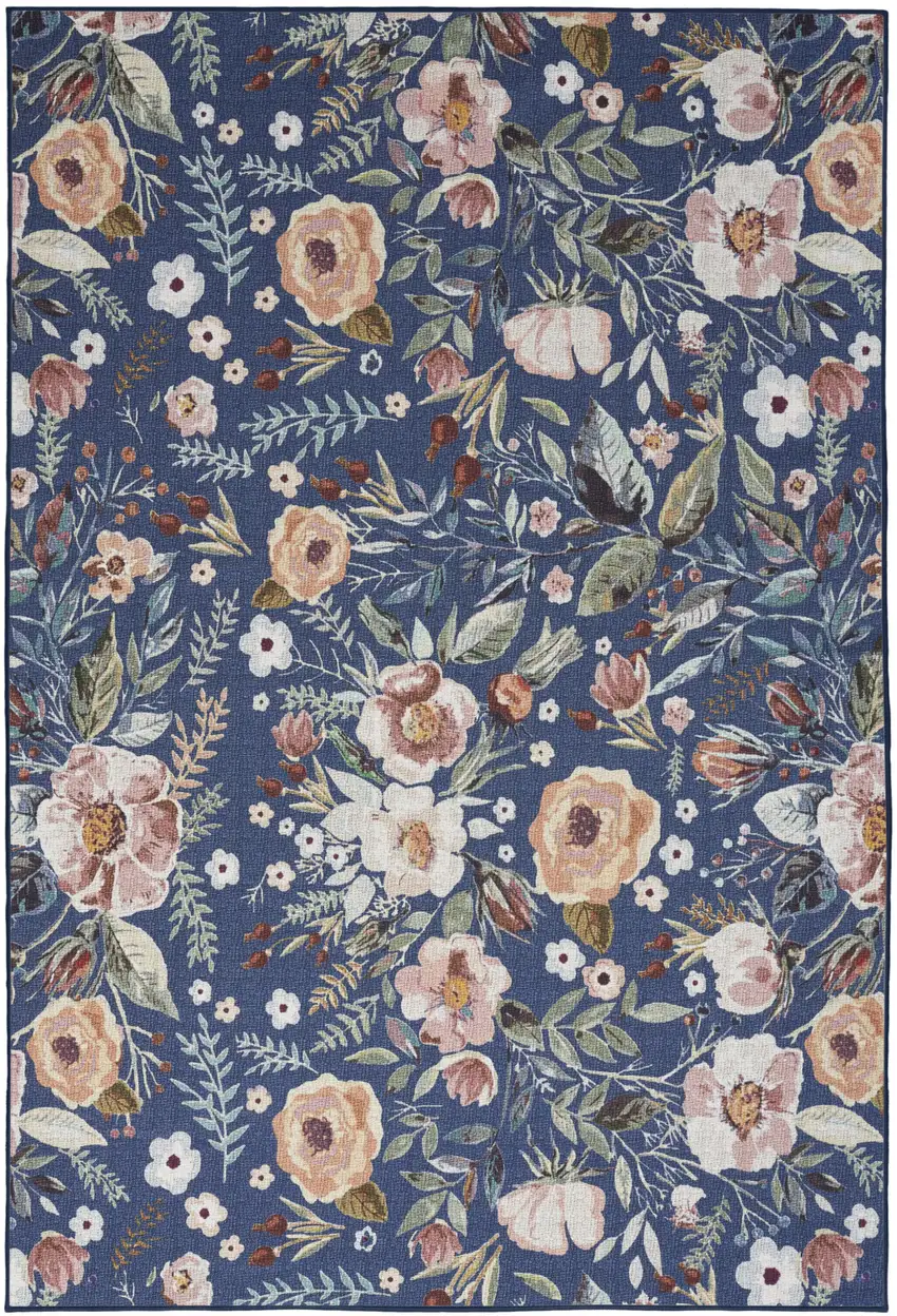 Blue and Pink Floral Power Loom Non Skid Area Rug Photo 2