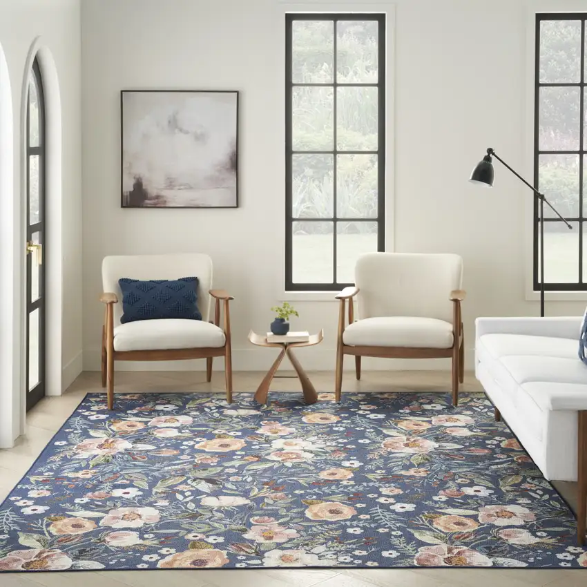 Blue and Pink Floral Power Loom Non Skid Area Rug Photo 6