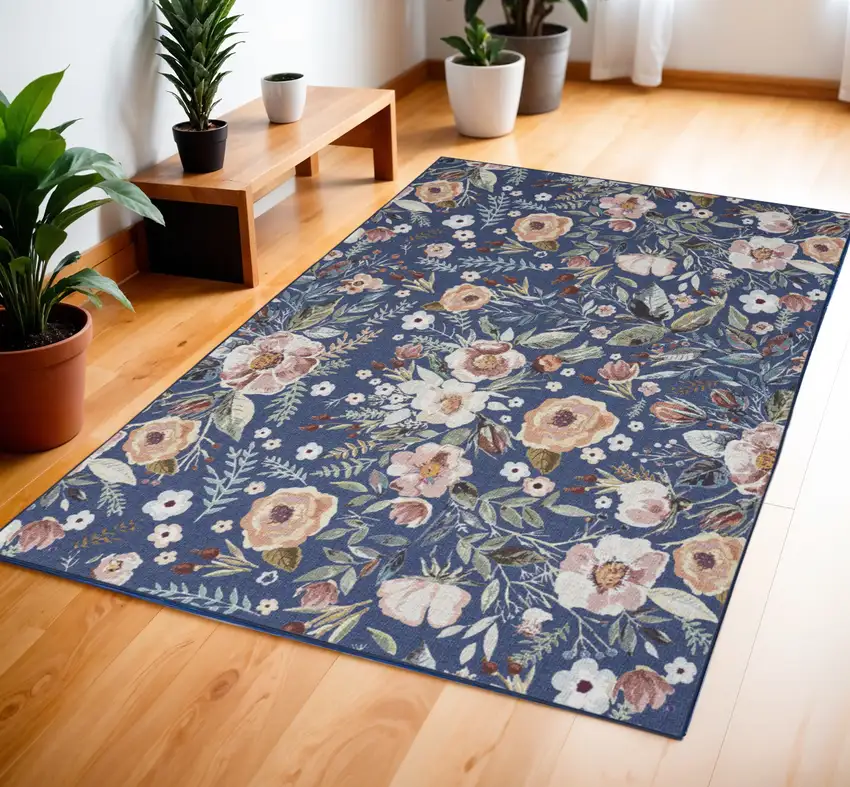 Blue and Pink Floral Power Loom Non Skid Area Rug Photo 1