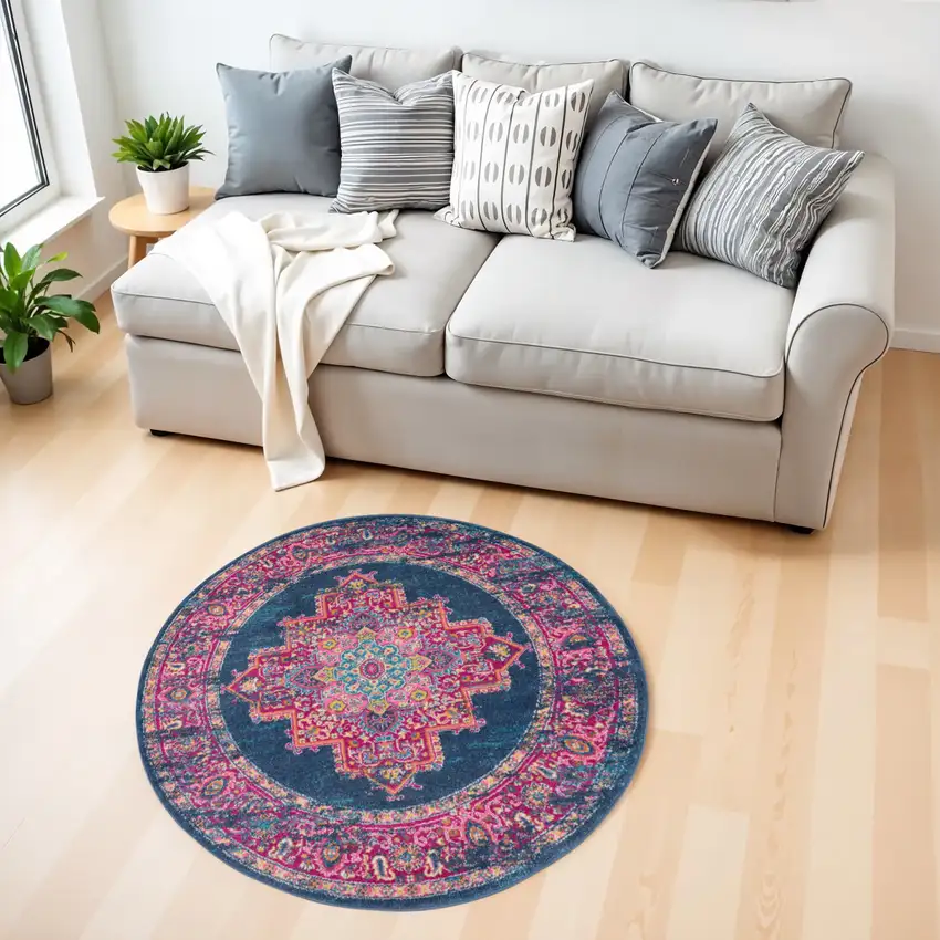 4' Blue And Pink Medallion Distressed Round Rug Photo 1