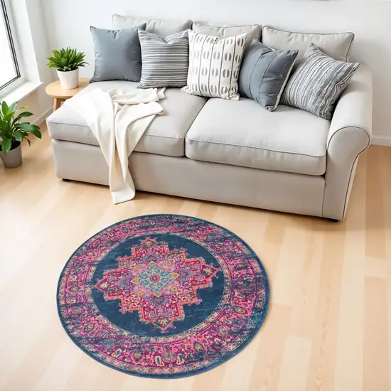4' Blue And Pink Medallion Distressed Round Rug Photo 1