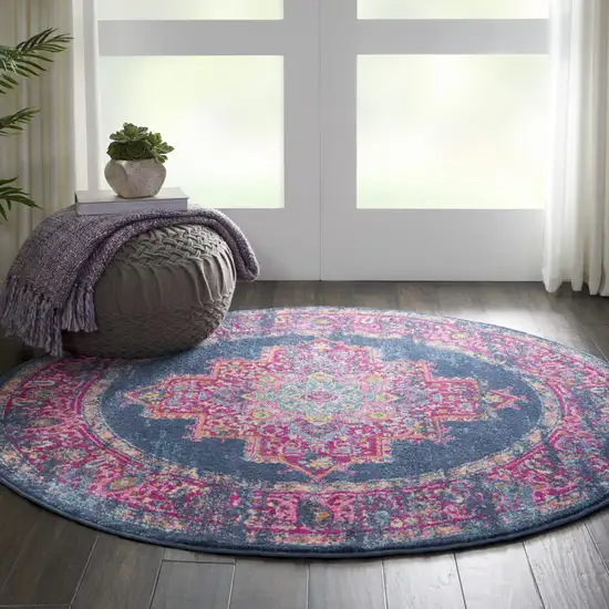 4' Blue And Pink Medallion Distressed Round Rug Photo 5