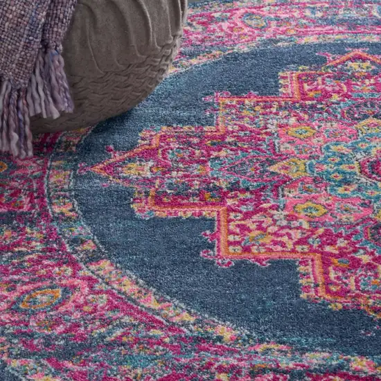 4' Blue And Pink Medallion Distressed Round Rug Photo 8