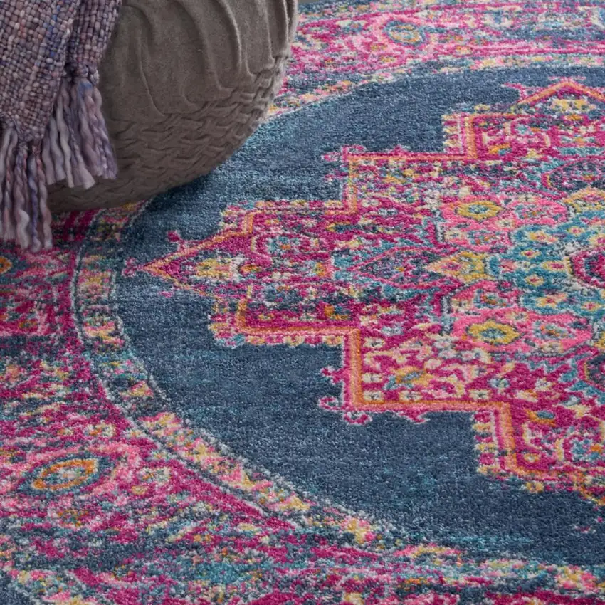 4' Blue And Pink Medallion Distressed Round Rug Photo 8
