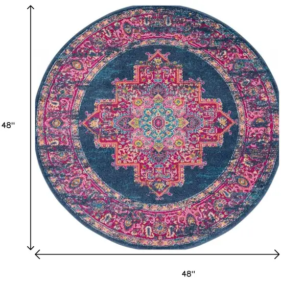4' Blue And Pink Medallion Distressed Round Rug Photo 3