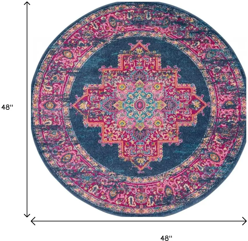 4' Blue And Pink Medallion Distressed Round Rug Photo 3