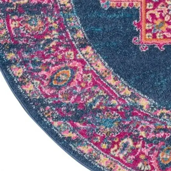 4' Blue And Pink Medallion Distressed Round Rug Photo 3