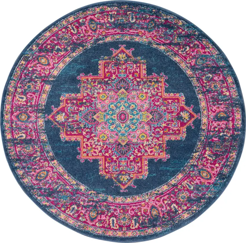 4' Blue And Pink Medallion Distressed Round Rug Photo 2