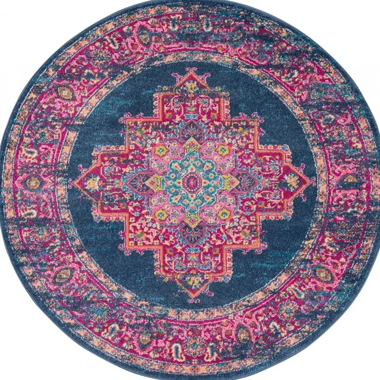 Blue and Pink Medallion Area Rug Photo 3