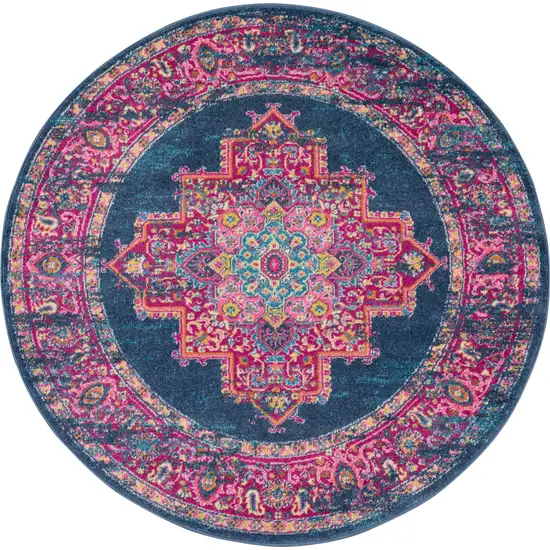 4' Blue And Pink Medallion Distressed Round Rug Photo 4