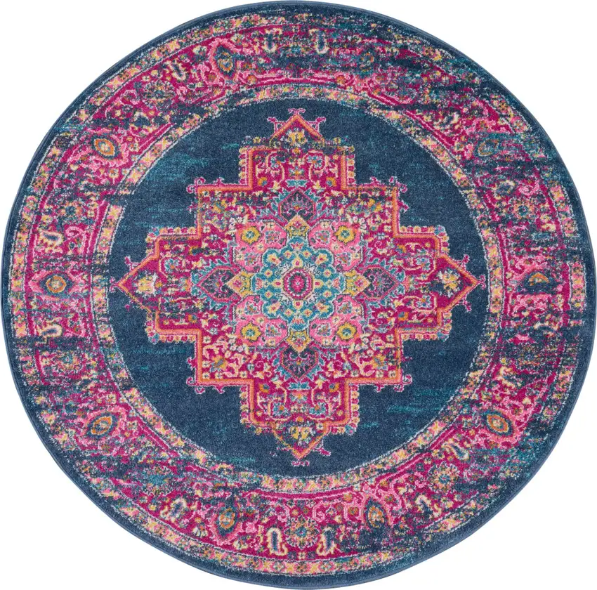 4' Blue And Pink Medallion Distressed Round Rug Photo 4
