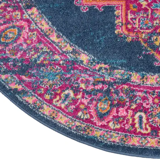 5' Blue And Pink Medallion Distressed Round Rug Photo 8