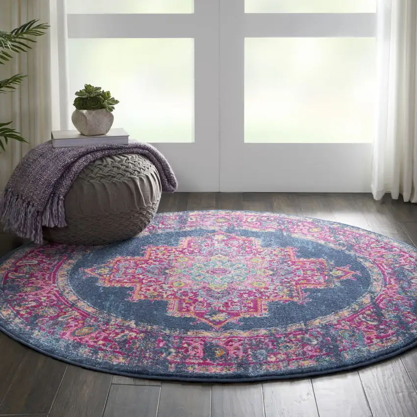 5' Blue And Pink Medallion Distressed Round Rug Photo 5