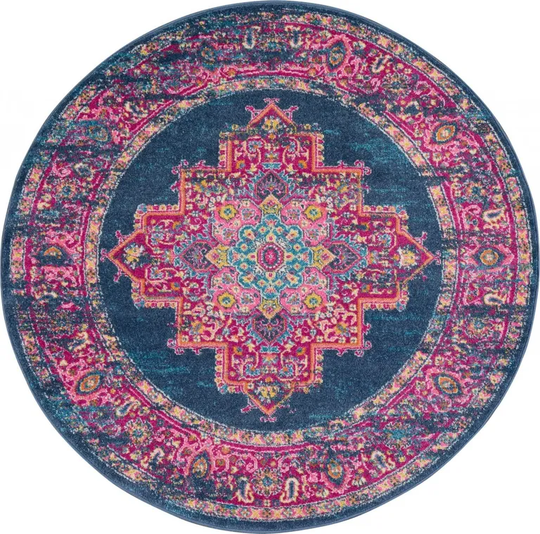 Blue and Pink Medallion Area Rug Photo 2
