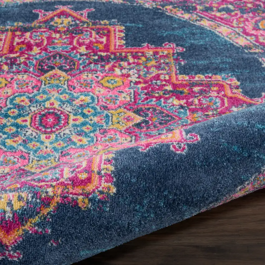 5' Blue And Pink Medallion Distressed Round Rug Photo 4
